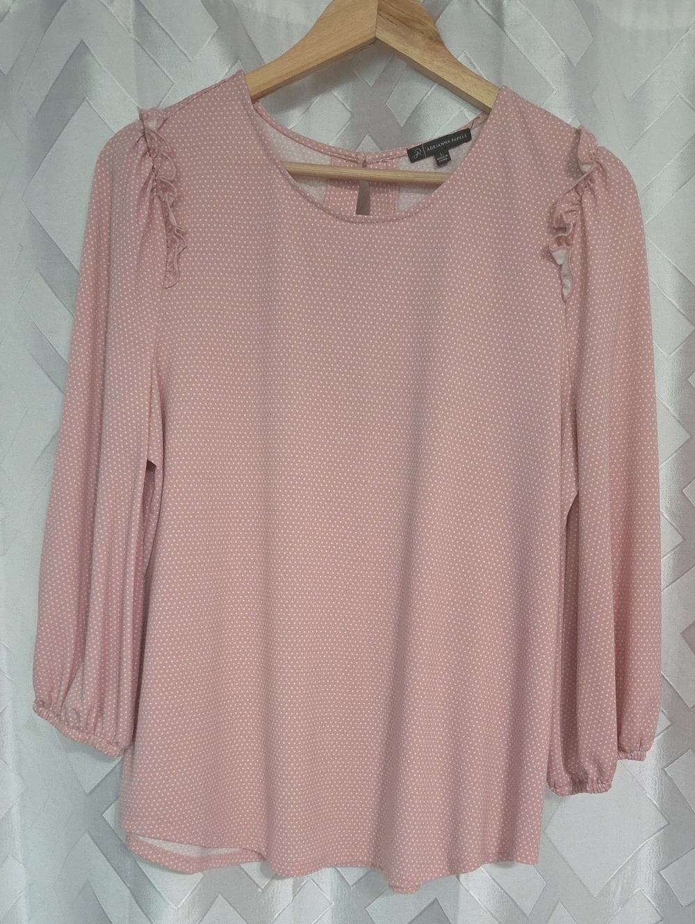 A. Byer Light Pink Polka Dot Ruffle Shoulder Long Sleeve Top
